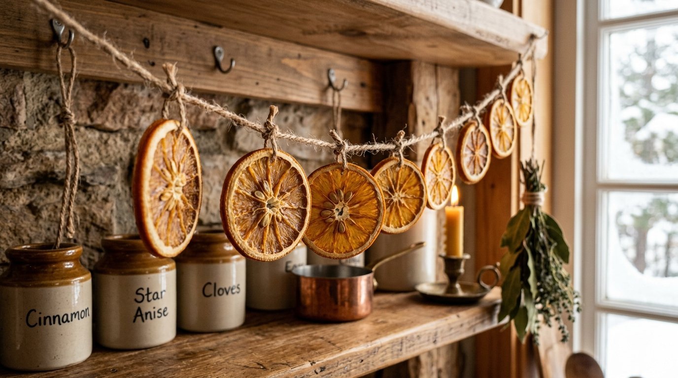 A decorative string of sliced dehydrated oranges hanging on a wooden shelf beside spice jars.