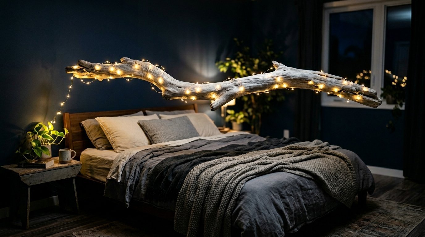 A rustic driftwood branch decorated with glowing string lights mounted over a cozy modern bedroom bed.