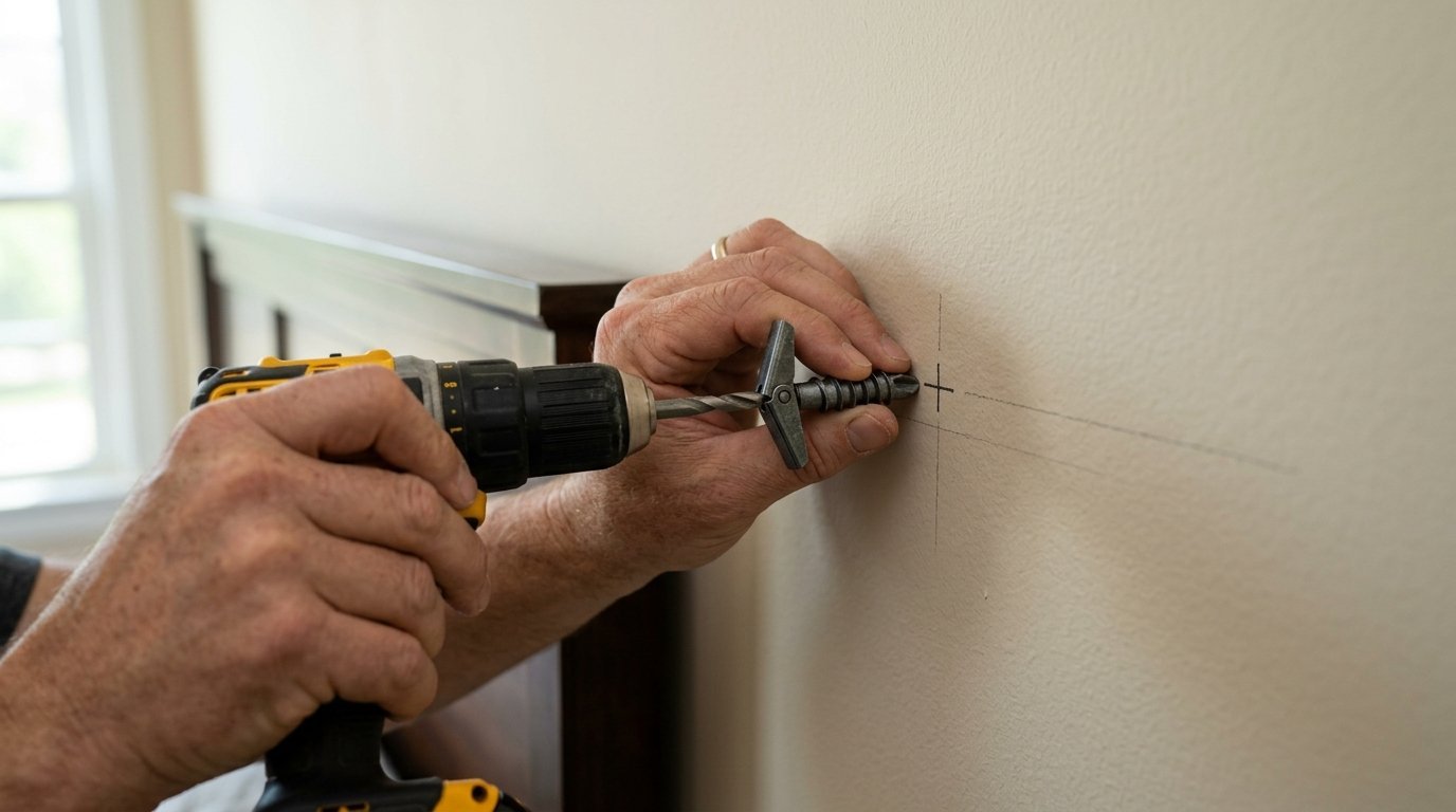 Close-up of hands using a power drill to insert a toggle bolt into a marked drywall section.