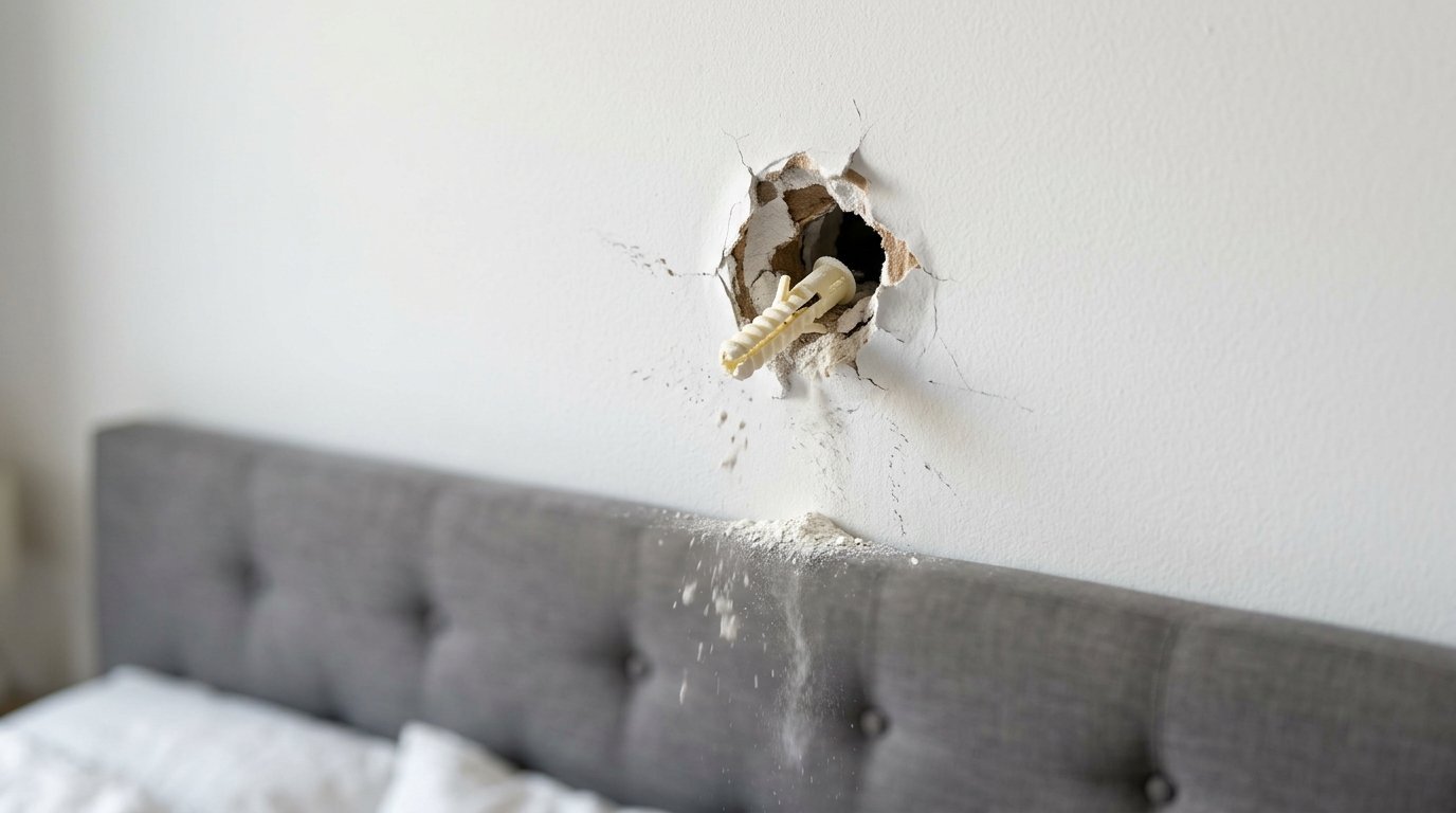 A damaged section of drywall above a grey headboard with a plastic anchor sticking out and dust falling down.