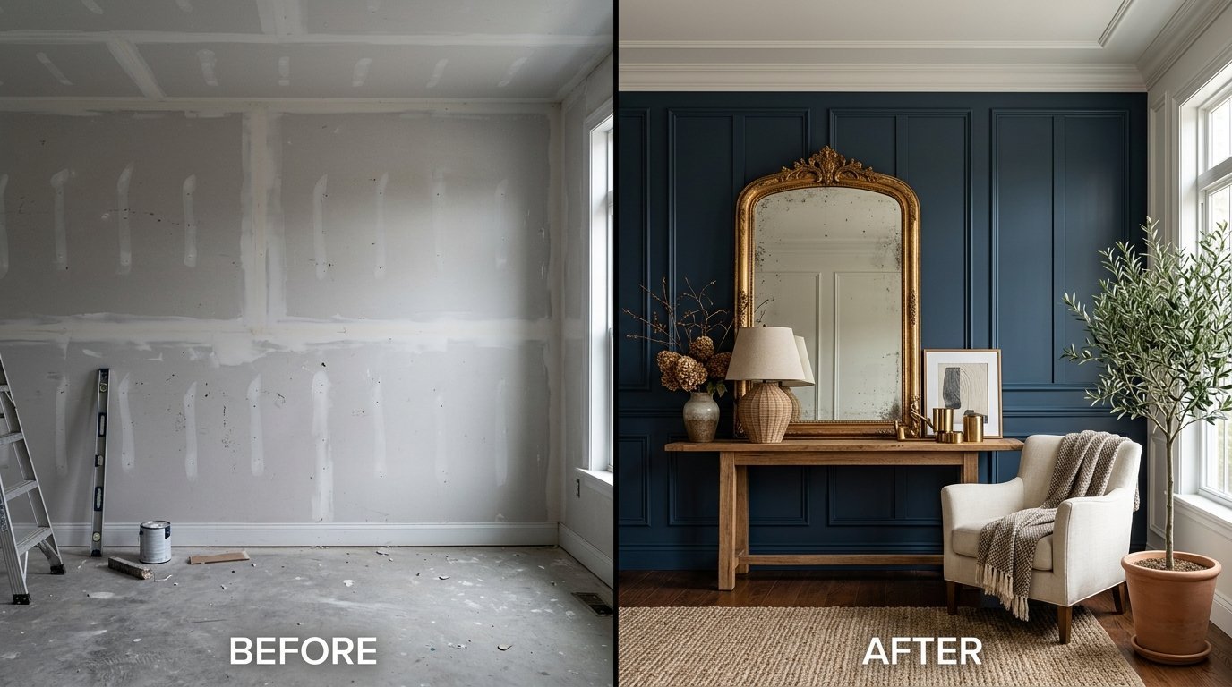 Split screen showing raw drywall construction on the left and a furnished room with navy molding on the right.