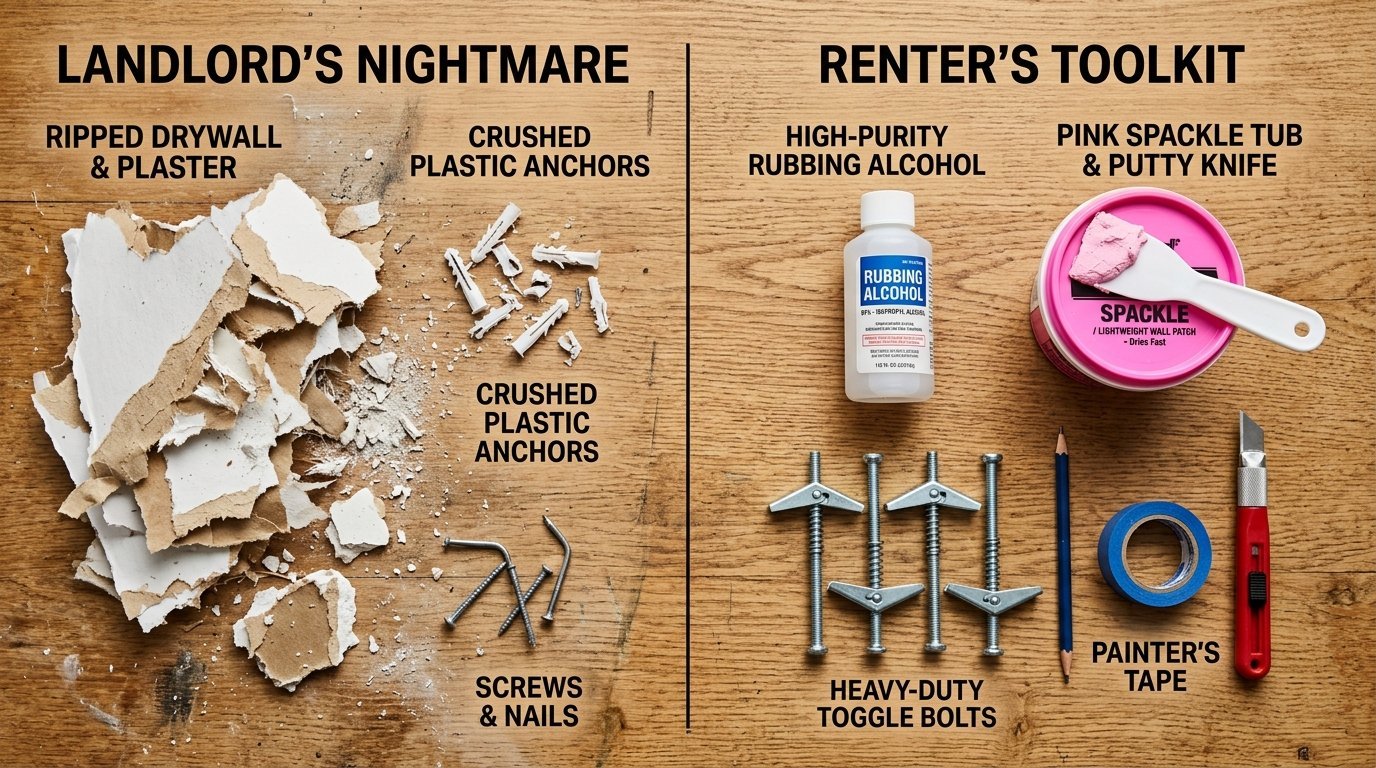 Split view of home repair items including spackle, tape, and toggle bolts next to ripped drywall and plastic anchors.