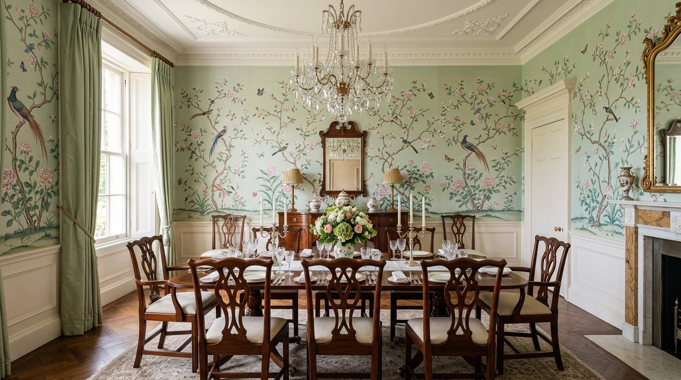 Classic dining room with light green bird and flower wallpaper, a wood table, and a large crystal chandelier.