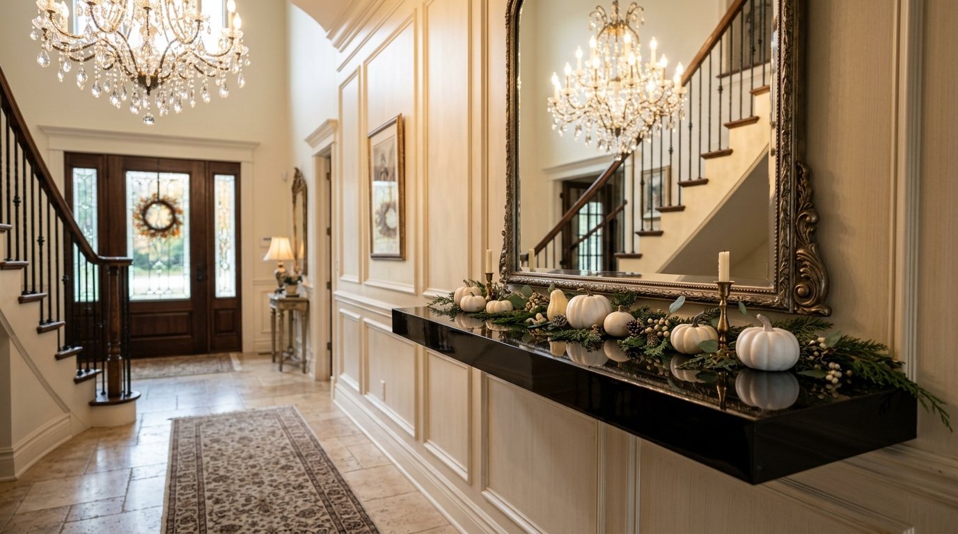 A luxurious home foyer with white wainscoting, a crystal chandelier, and white pumpkins on a black floating shelf.