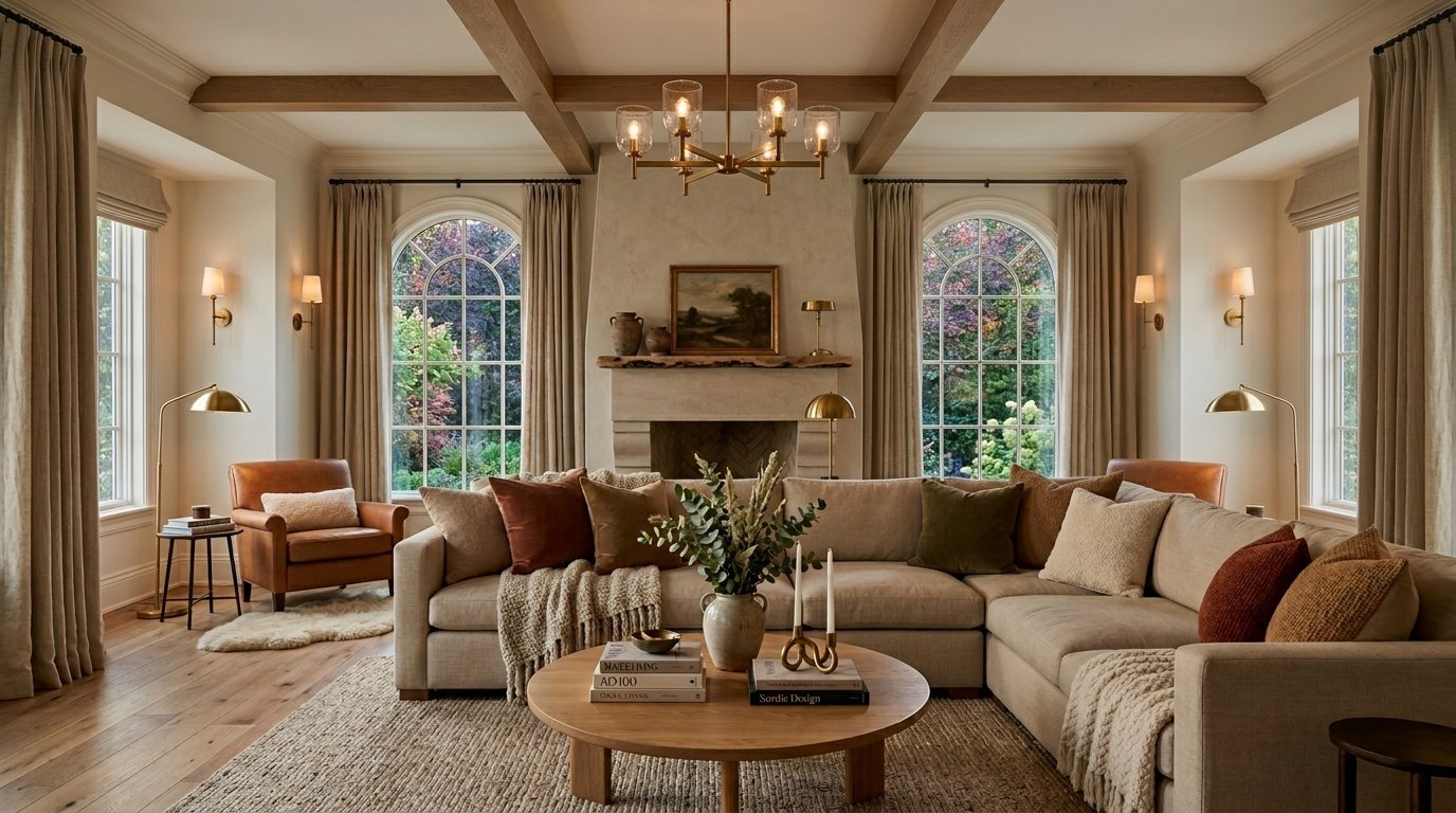 Spacious living room with a beige sectional, wooden beams, arched windows, and a limestone fireplace mantel.