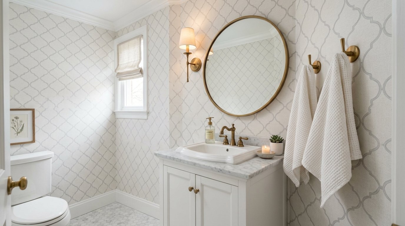 Modern half-bathroom with white marble vanity, circular gold mirror, and white waffle-texture towels on wall hooks.