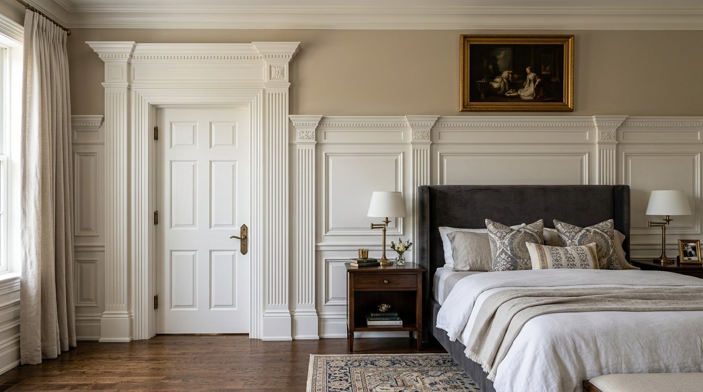 A bedroom with white paneled walls, a six-panel door, and a charcoal grey bed with textured pillows.