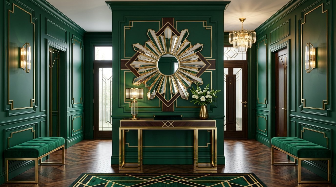 Symmetrical hallway featuring green velvet benches, gold trim, and a decorative sunburst wall mirror.