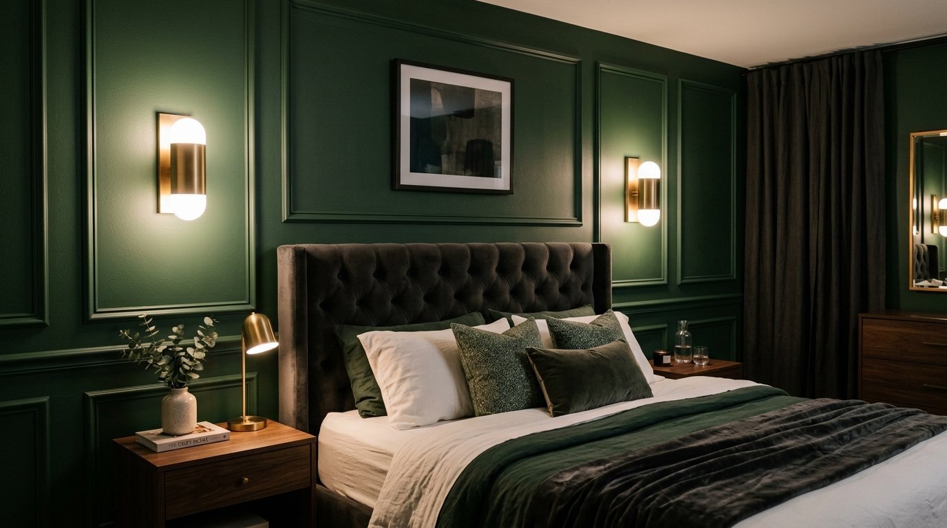 Modern bedroom featuring a dark green paneled wall, velvet tufted bed, and warm brass wall sconce lighting.