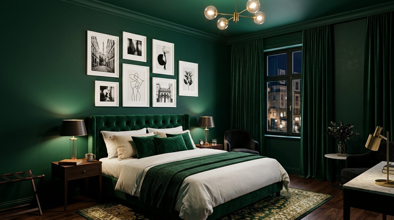 A bedroom with dark green walls, a velvet tufted bed, gallery wall art, and elegant gold light fixtures.