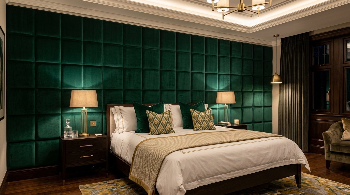 Modern bedroom with a floor-to-ceiling square tufted emerald velvet wall behind a bed with gold geometric pillows.
