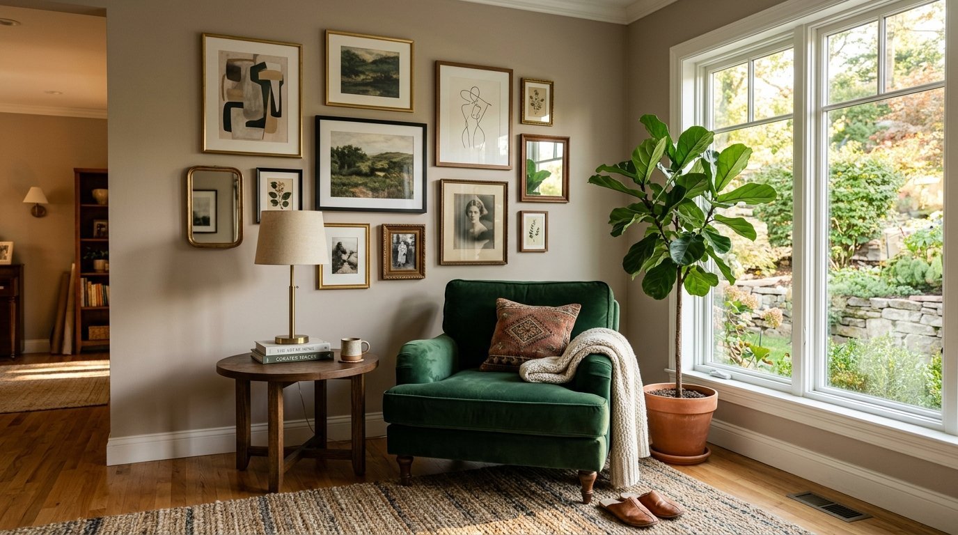 Dark green velvet armchair with a patterned pillow, knitted throw, and indoor fig plant beside a sunny window.