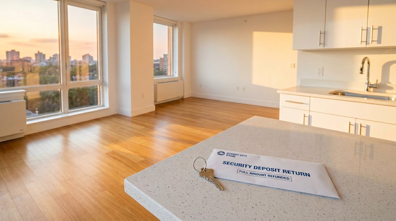 A house key and a security deposit refund envelope rest on a modern white quartz kitchen island in an empty apartment.