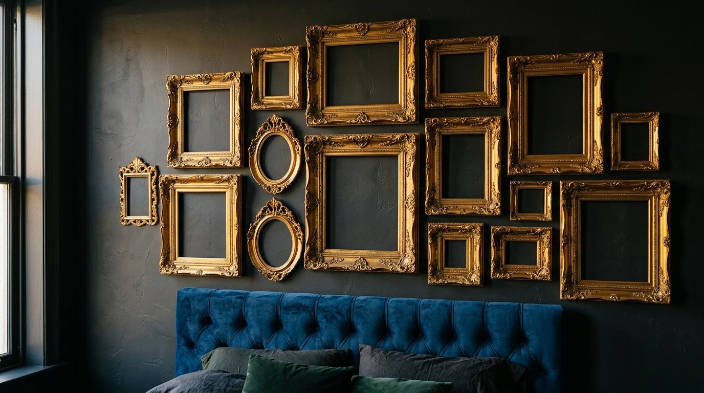 Empty vintage gold frames of various sizes arranged on a dark charcoal bedroom wall above a blue tufted headboard.