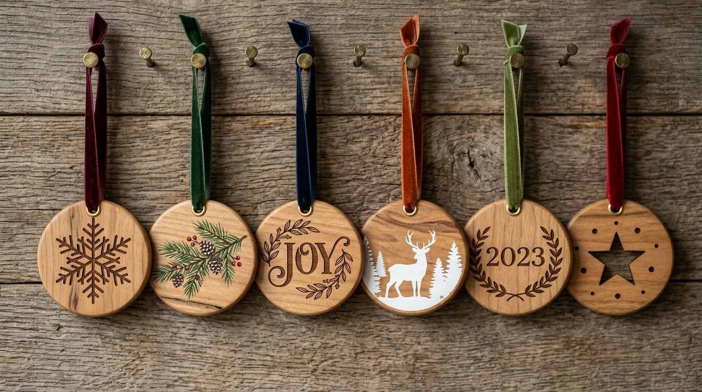 Set of six circular wood ornaments with festive designs hanging from velvet ribbons on a textured wooden wall.