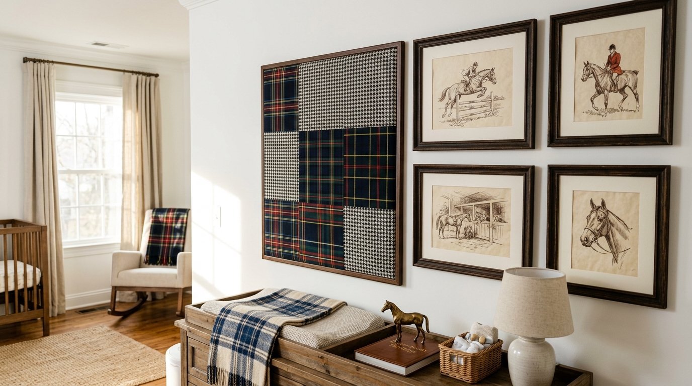 Gallery wall featuring four vintage-style horse illustrations and a large plaid fabric square in a neutral nursery.