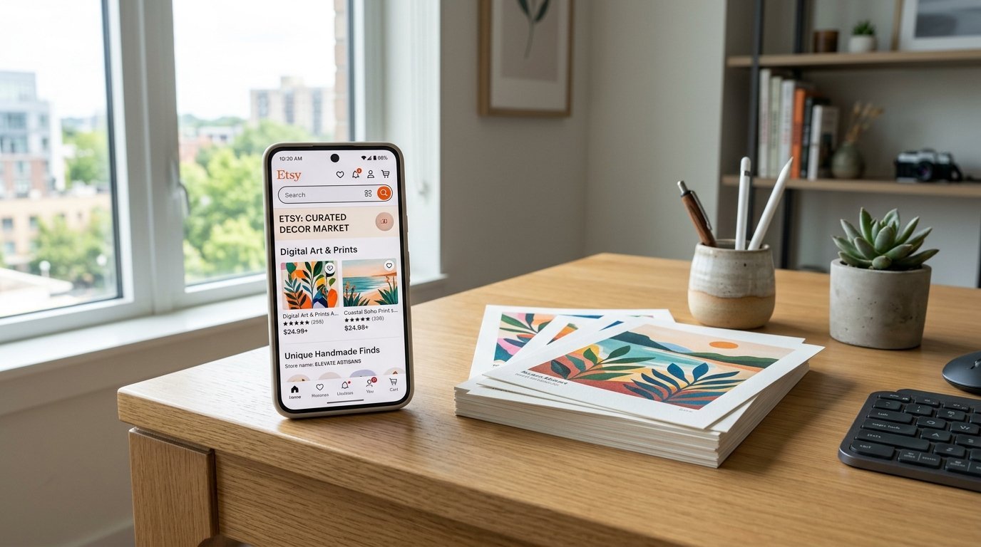 A mobile phone screen showing an Etsy store interface next to a stack of printed art cards.