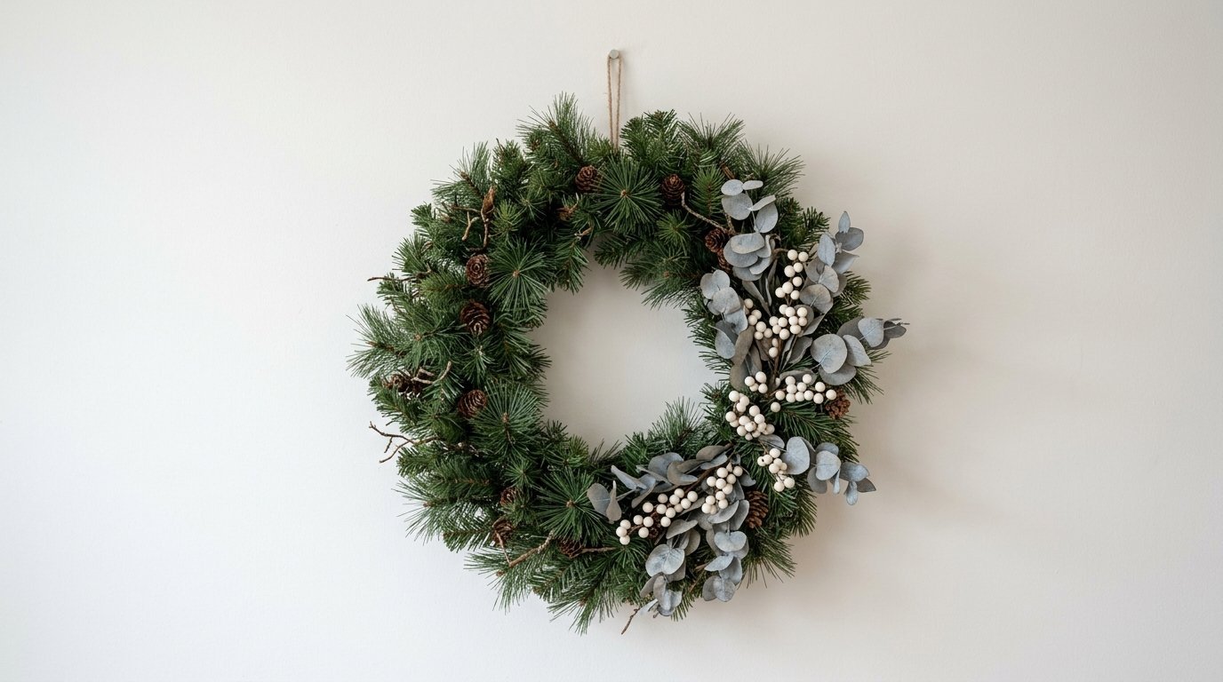 Round artificial evergreen wreath with pine cones and eucalyptus branches hanging on a plain white wall.
