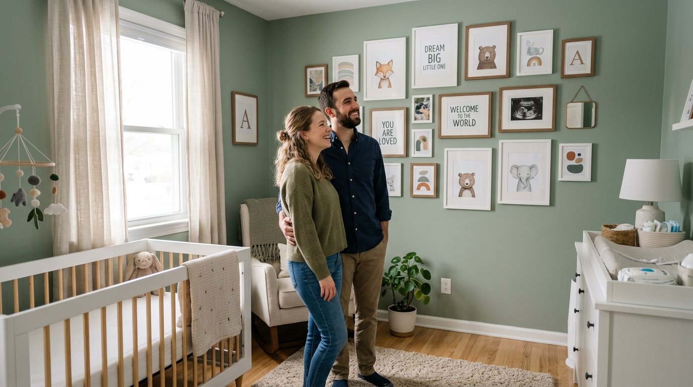 Smiling parents-to-be looking at the gallery wall in a sage green nursery with crib and changing table.