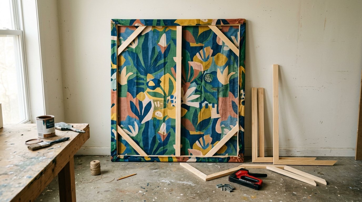 A colorful botanical patterned textile stapled onto a wooden stretcher bar frame in a workshop.