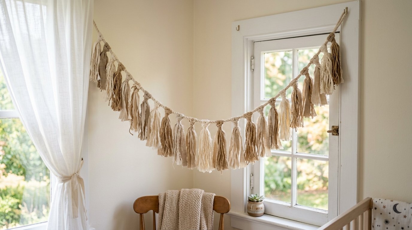 A rustic beige fabric tassel garland draped across the corner of a room near a white window frame.
