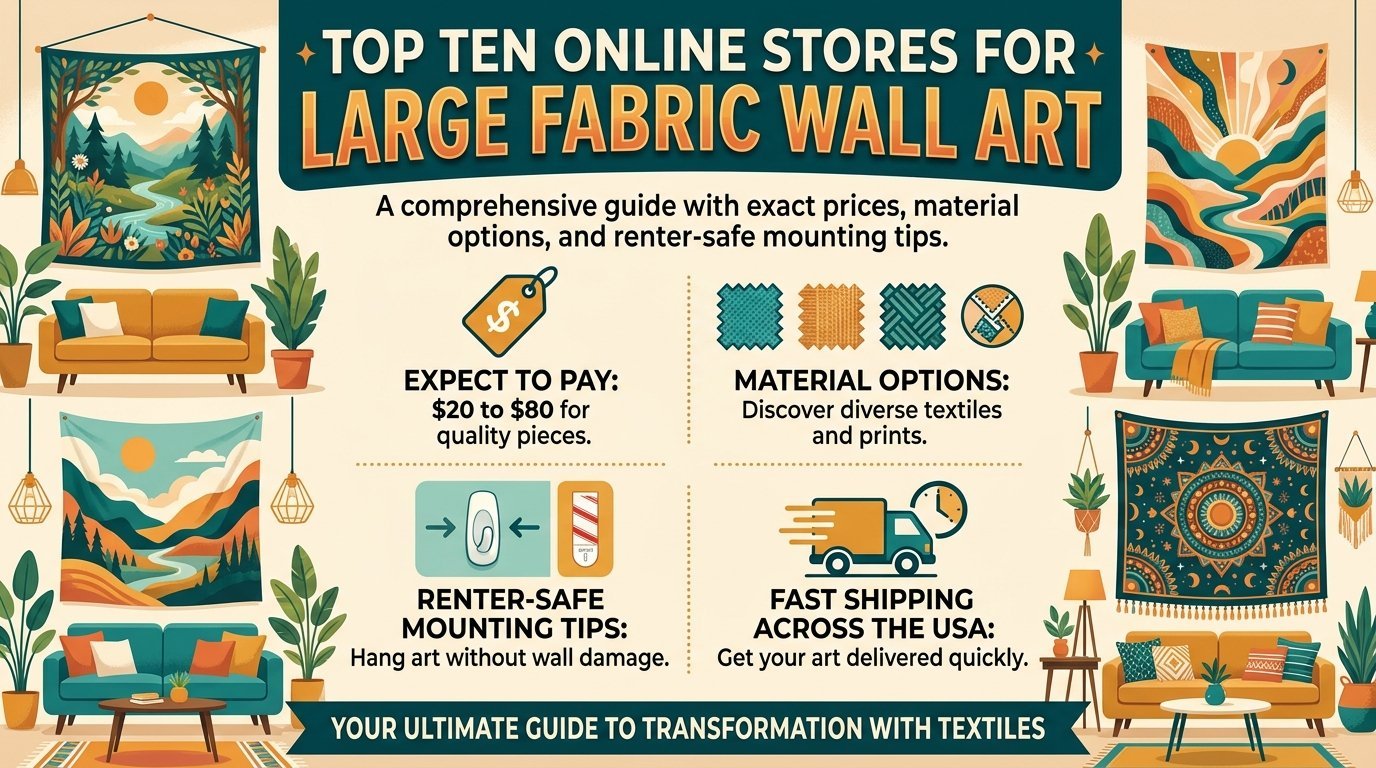 Infographic showing tips for buying and hanging large decorative fabric tapestries in living rooms.