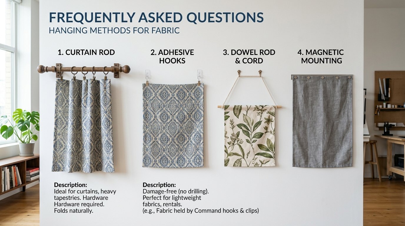 An infographic showing four ways to display fabric: curtain rod, adhesive hooks, dowel rod with cord, and magnetic mounts.