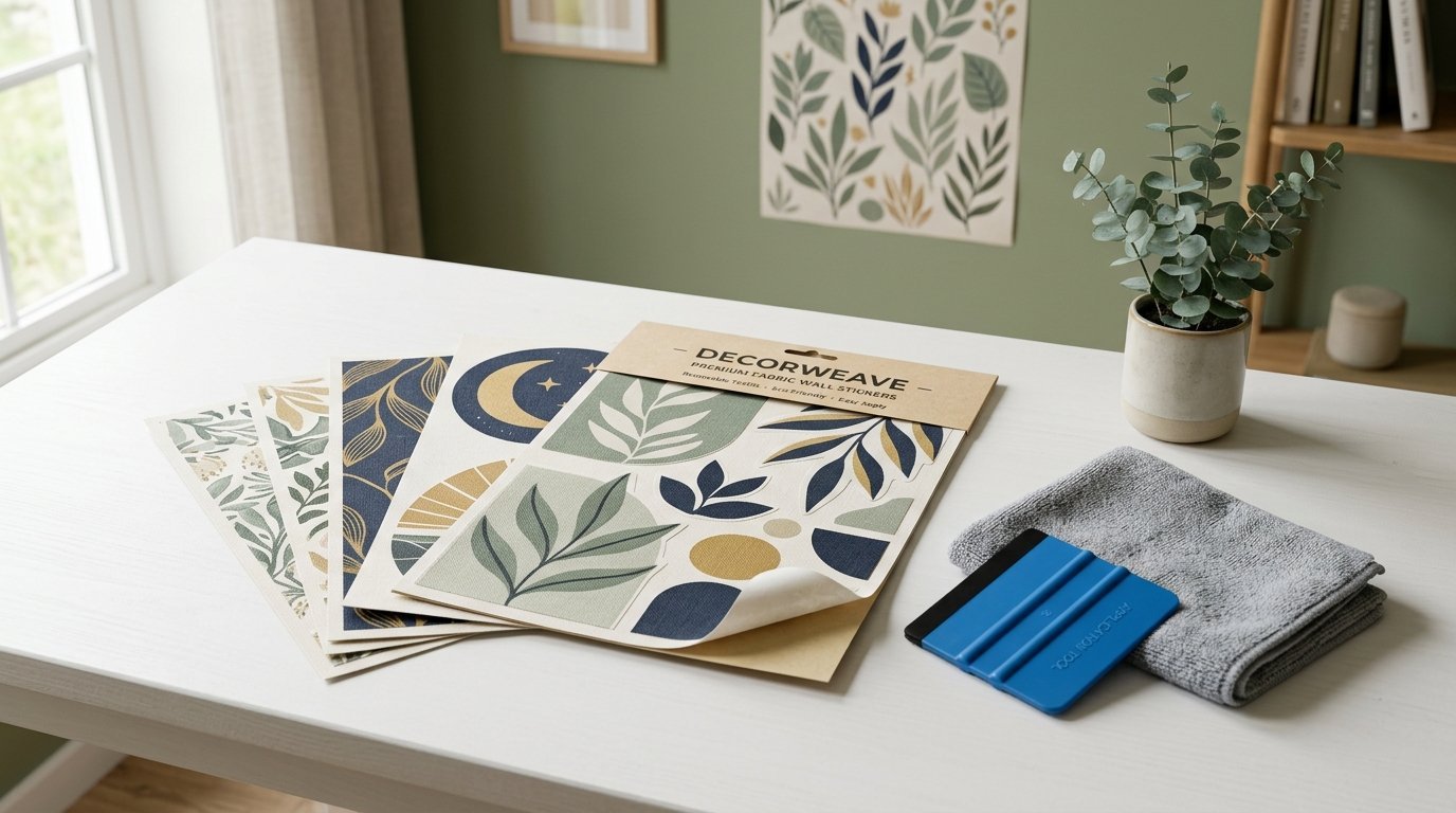 Stacks of botanical and moon themed fabric wall stickers next to a blue squeegee and grey cloth on a table.