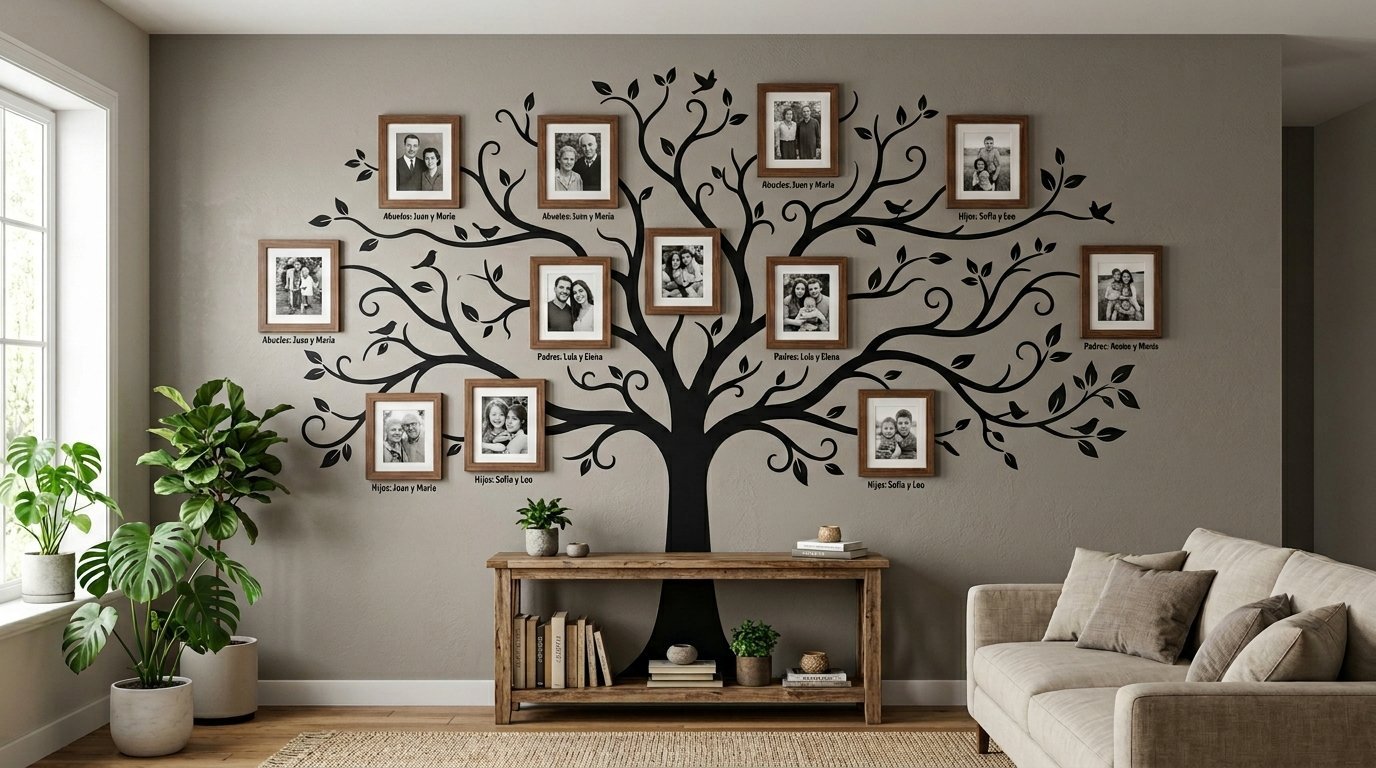 Wall decal of a black tree adorned with multiple framed family portraits in a modern living room.