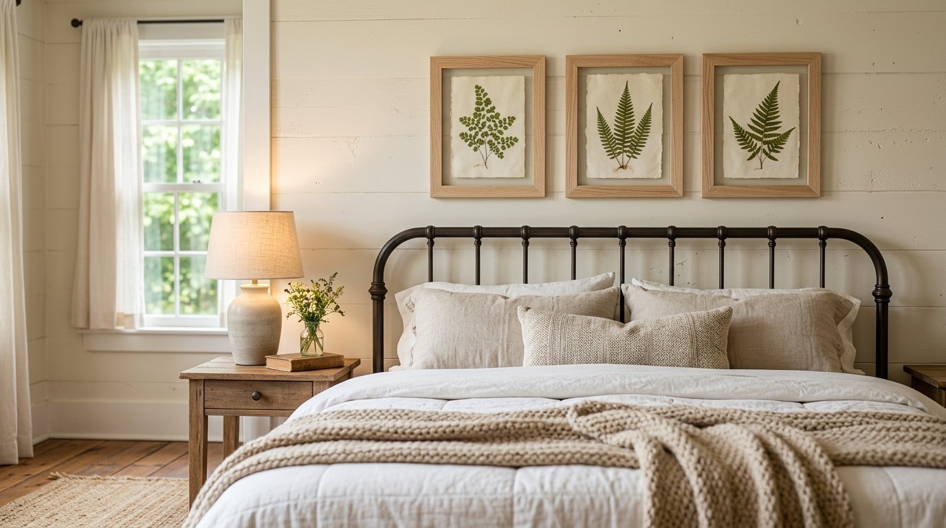 A cozy bedroom with a dark metal bed, neutral linens, and three framed fern prints hanging on white plank walls.