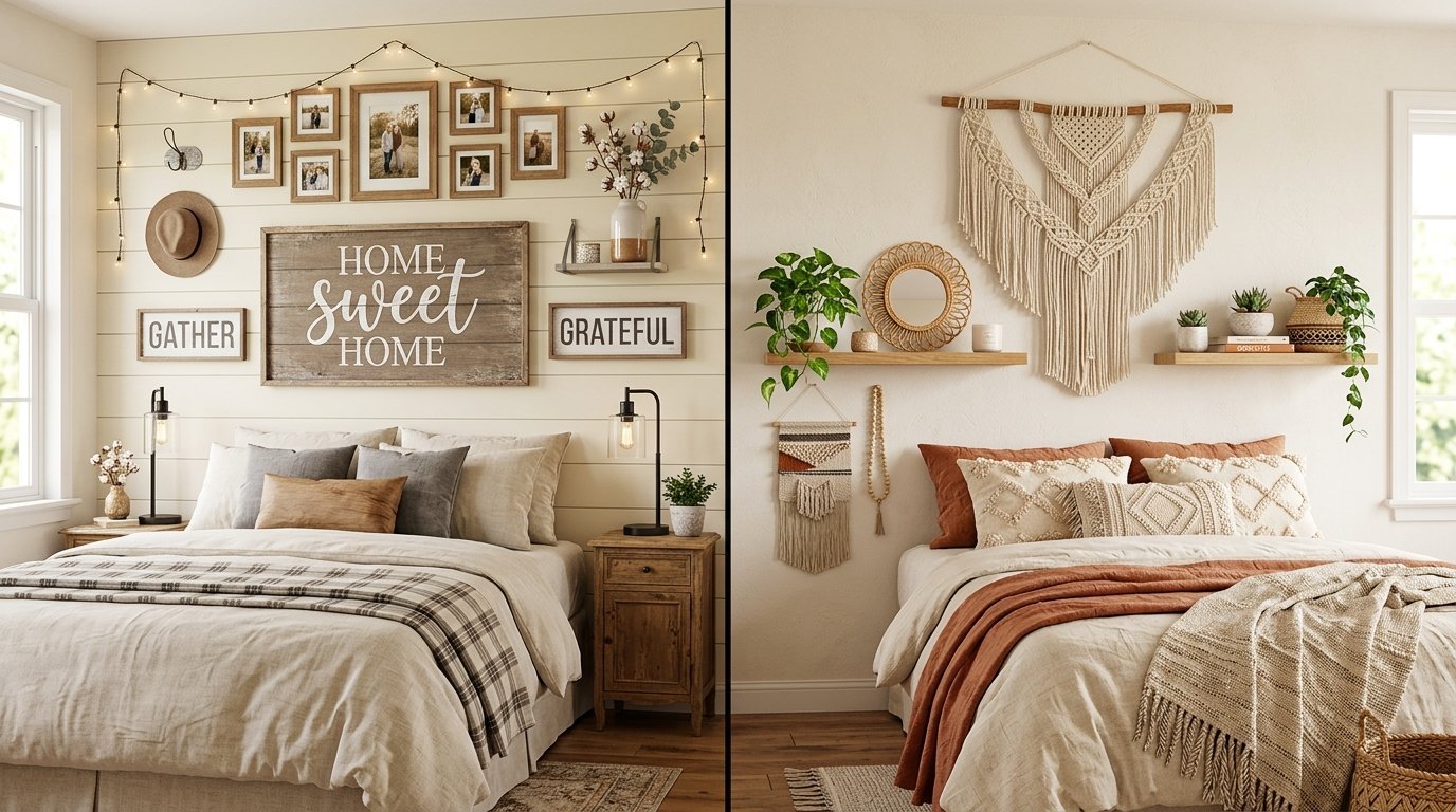 Split view showing a farmhouse bedroom with a home sweet home sign and a boho bedroom with macrame wall art.