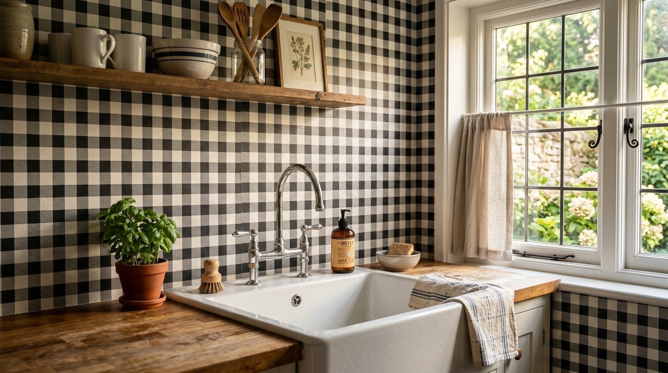 A white apron sink sits below a wooden shelf against black and white gingham patterned kitchen wall paper.