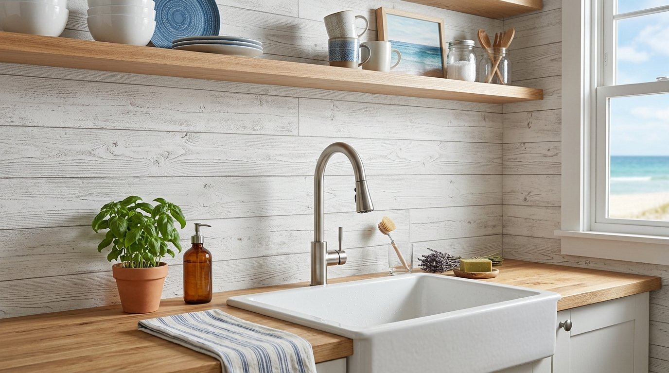 White farmhouse sink with brushed nickel faucet on natural wood counters with a potted basil plant.