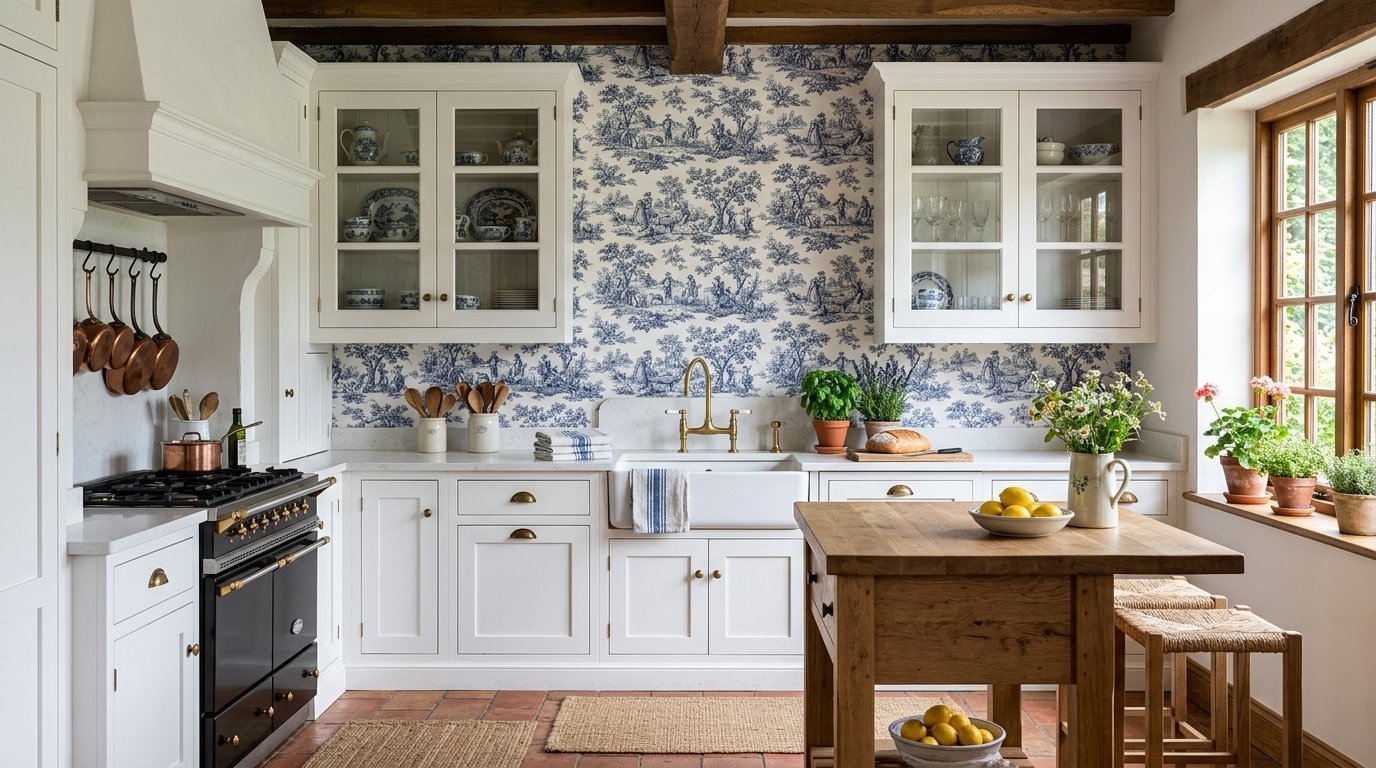 White cabinets, black range stove, and blue and white toile wallpaper in a classic farmhouse kitchen.