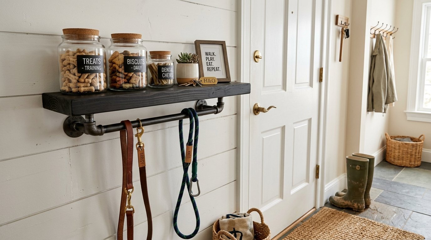 Wall-mounted pipe shelf with dog treat jars, leashes, and a framed sign in a farmhouse style entryway.