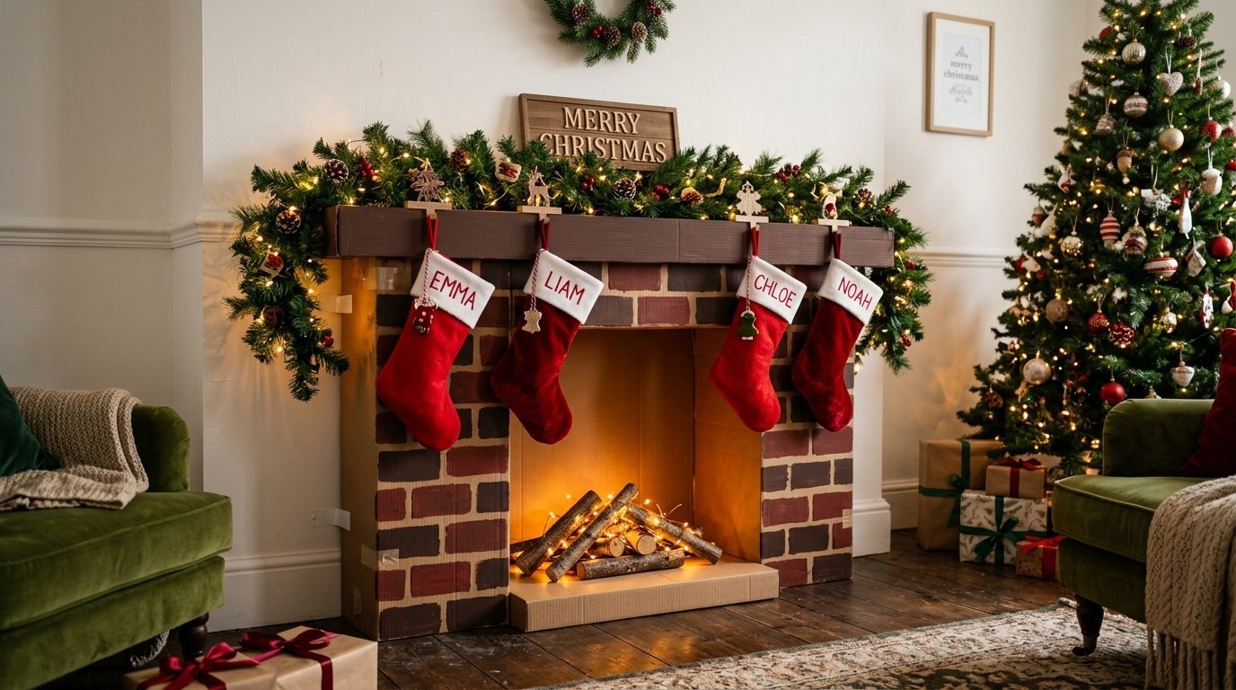A festive cardboard brick fireplace with red stockings labeled with names beside a decorated Christmas tree.
