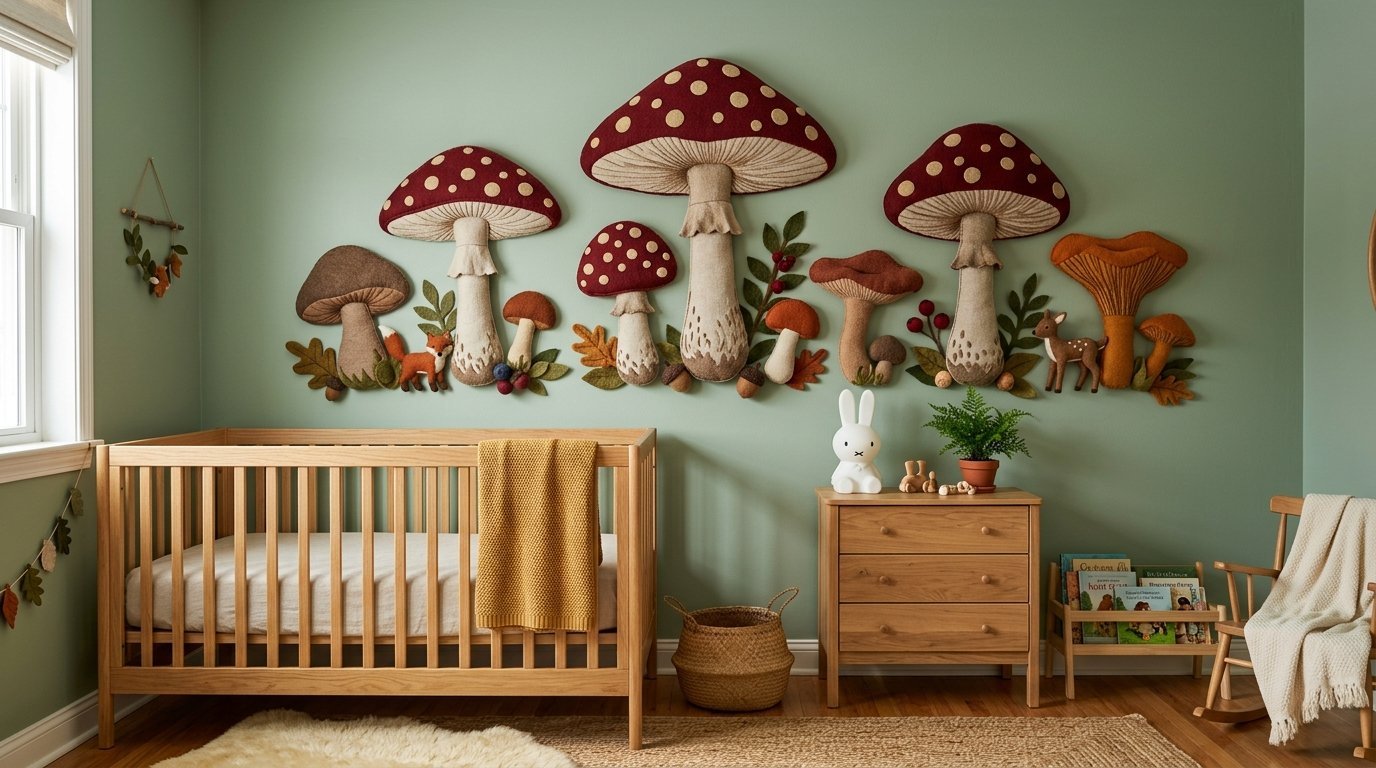 A whimsical baby nursery with large plush toadstool decorations and felt woodland animals on a sage green wall.
