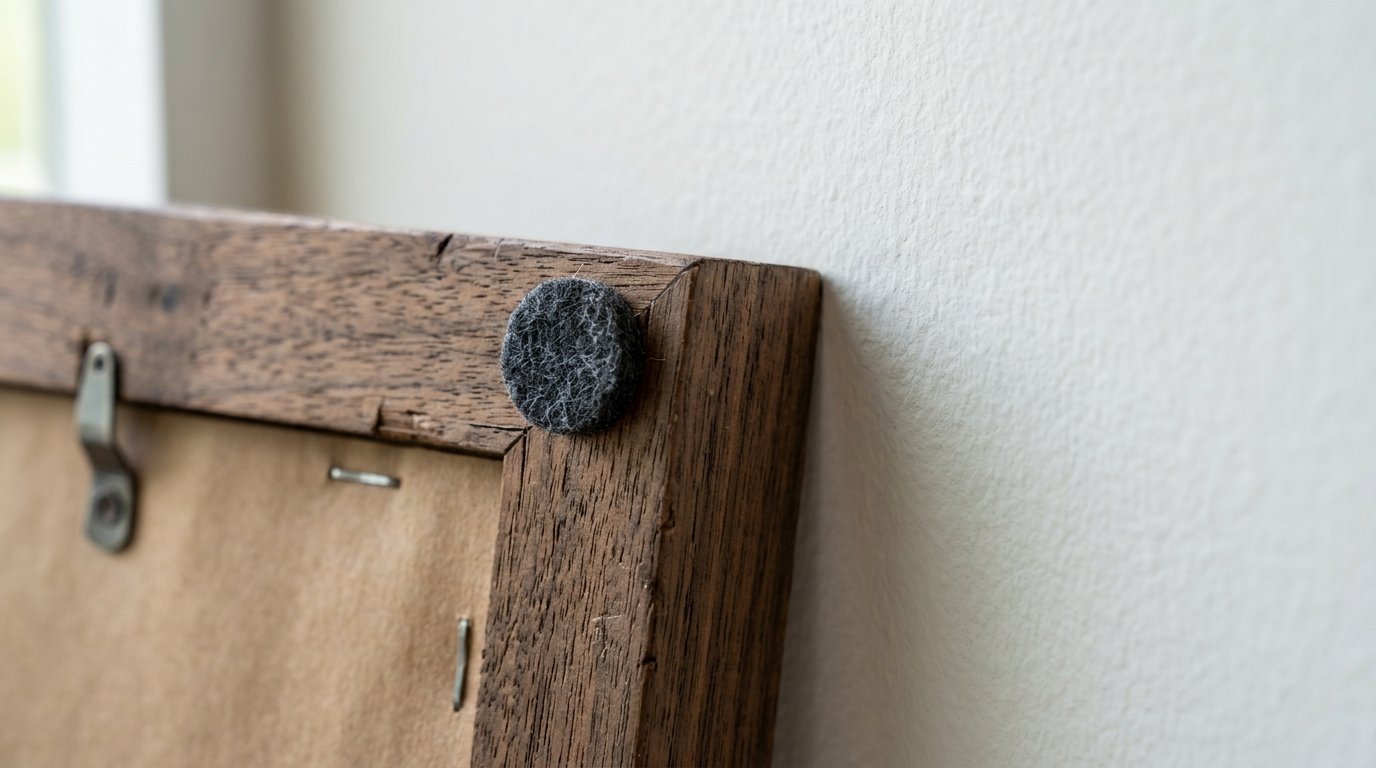 Close up of a circular grey felt furniture pad stuck onto the corner of a brown wood picture frame against a wall.