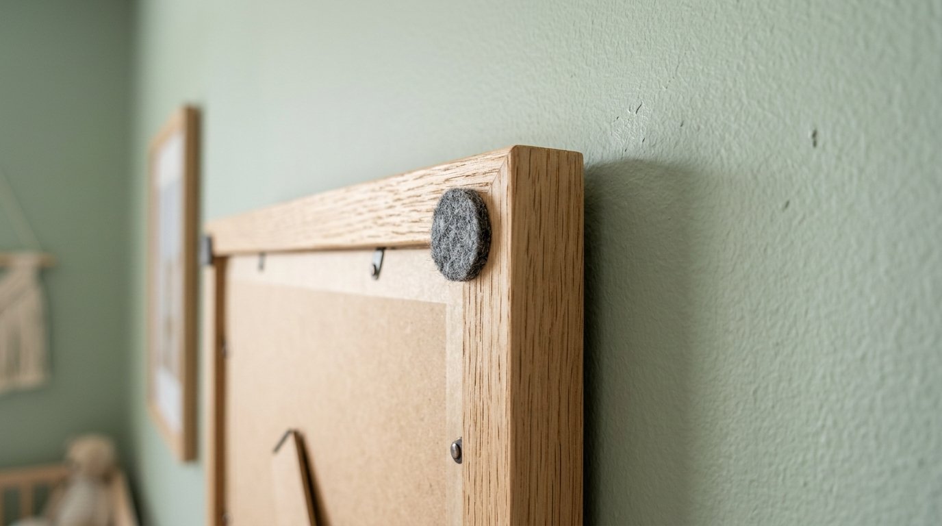 Close-up of a circular grey felt furniture pad attached to the back corner of a light oak wood frame against a wall.