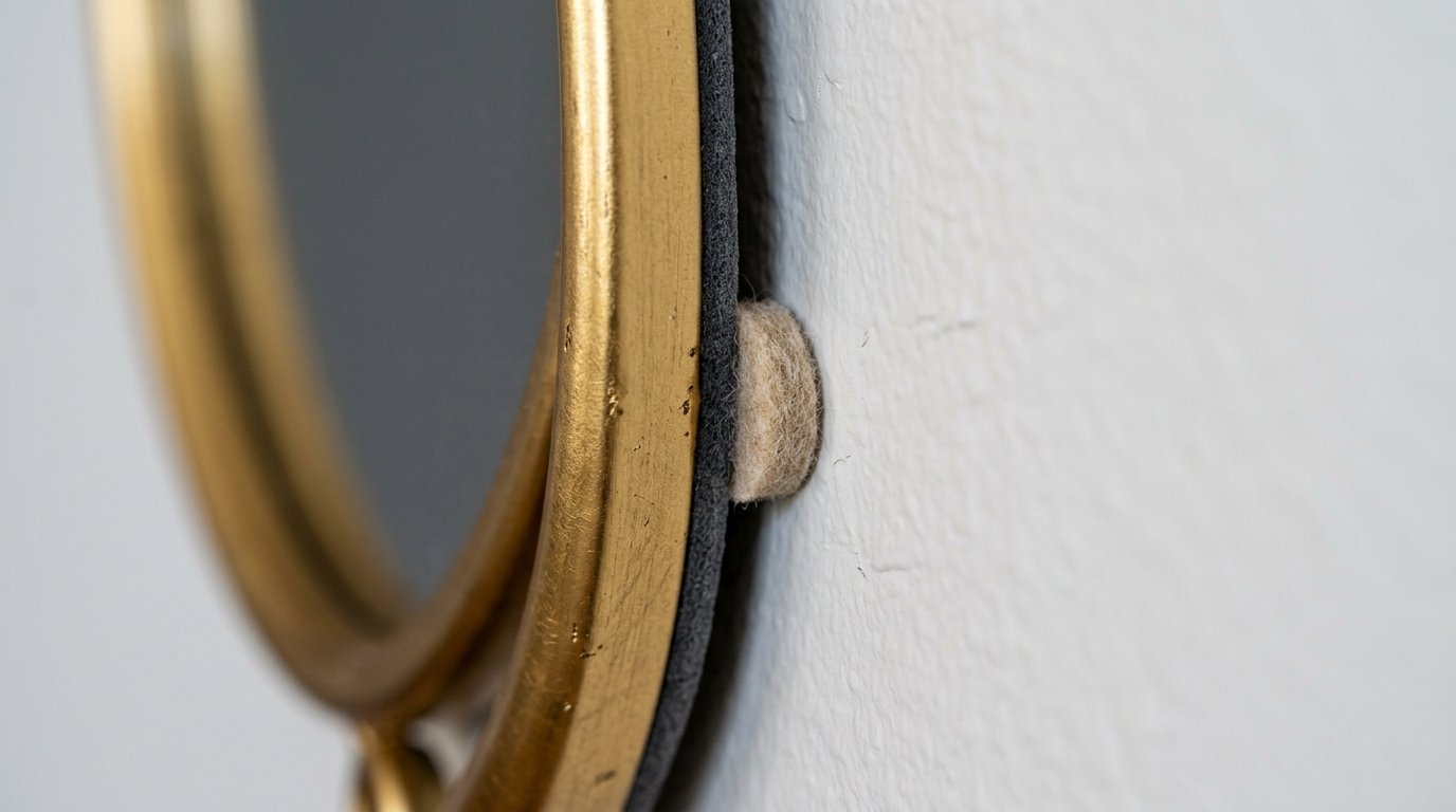Close up profile view of a circular gold mirror frame cushioned against a white wall by a beige felt pad.