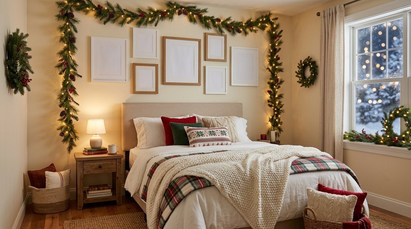 A bedroom decorated for the holidays with pine garlands, fairy lights, and plaid bedding near a snowy window view.