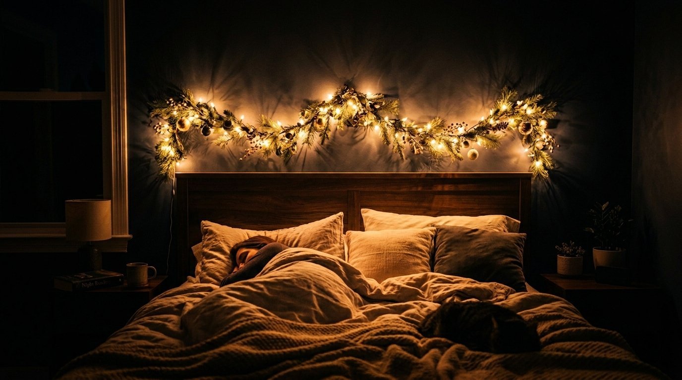 A person sleeping in a bed under a wall-mounted string of warm LED Christmas lights and pine greenery.
