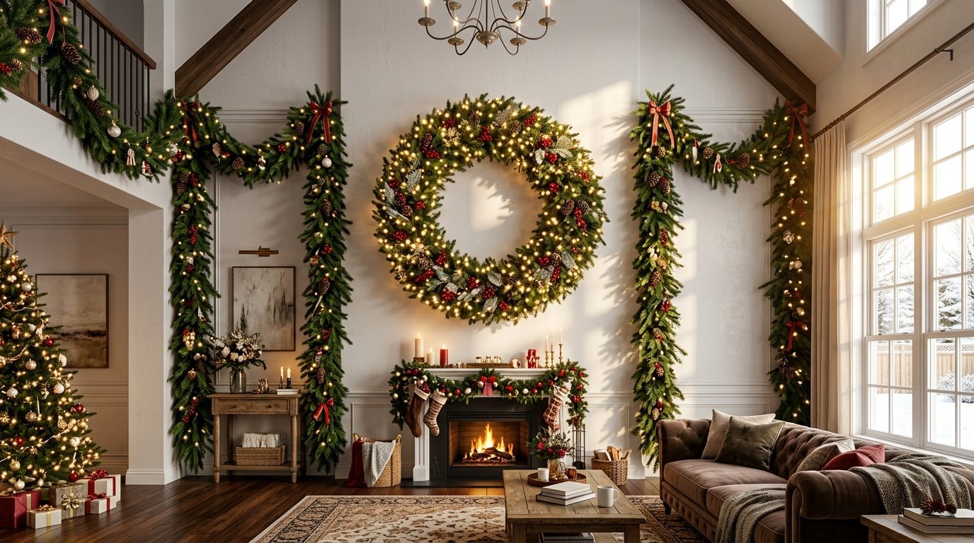 A fireplace mantel adorned with evergreen garlands, warm string lights, and a large wreath in a cozy modern home.