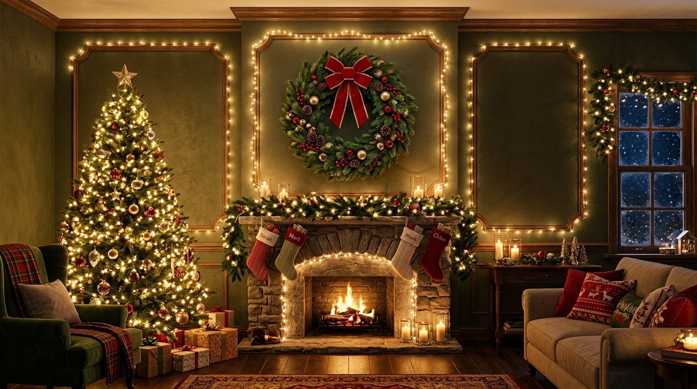 Lit Christmas tree and fireplace with hanging stockings in a dark green room.