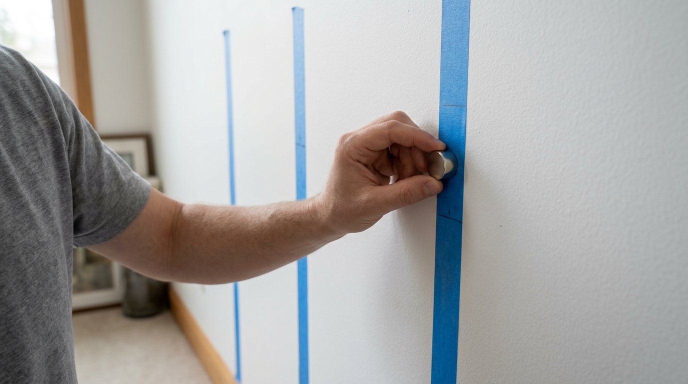 Close up of a hand holding a magnet against blue painter tape on a white wall.