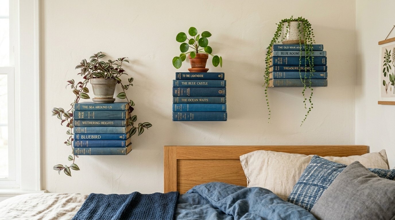 Three stacks of blue vintage books mounted as floating shelves on a bedroom wall with potted indoor plants.