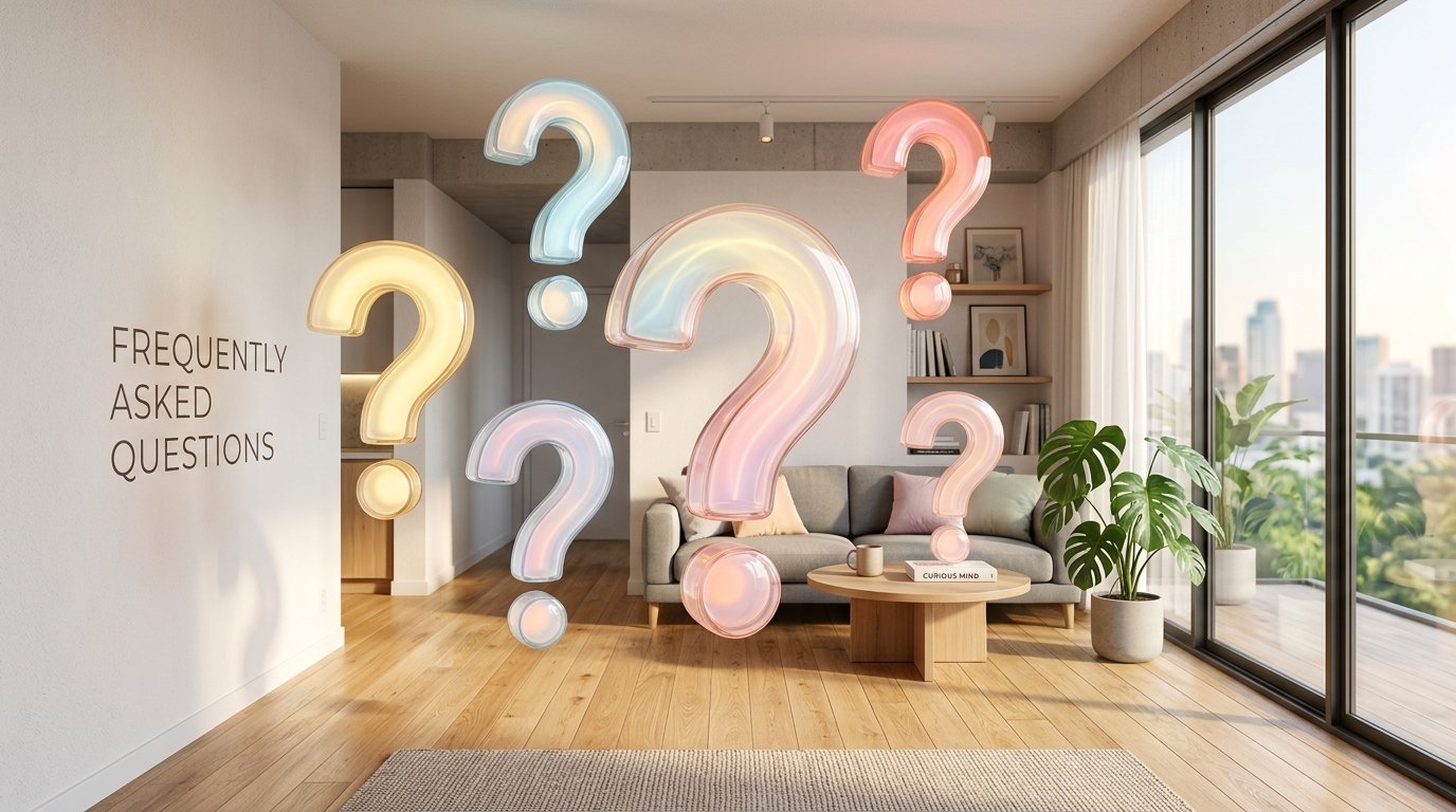 Translucent colorful question mark shapes suspended in mid-air inside a bright contemporary home interior.