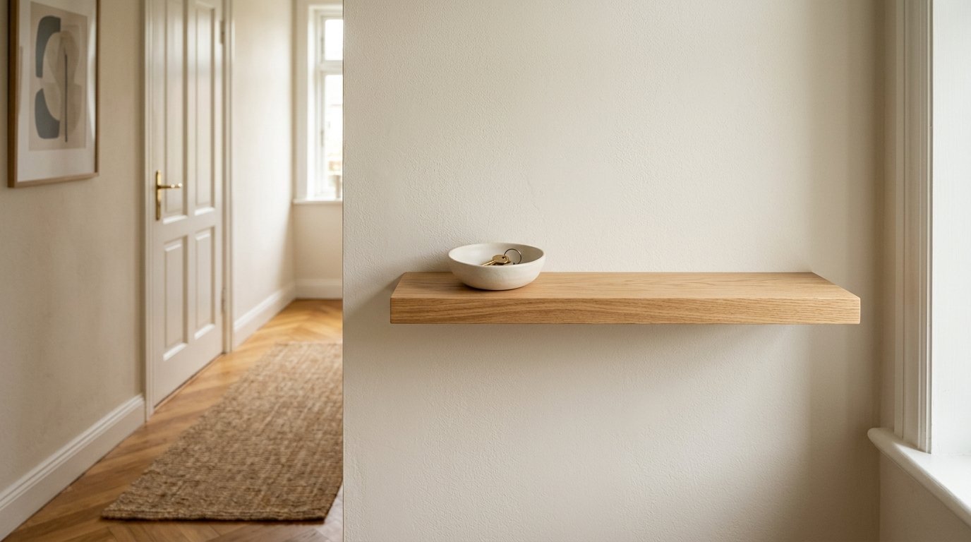 A light wood floating shelf mounted on a plain wall holding a ceramic bowl with house keys.