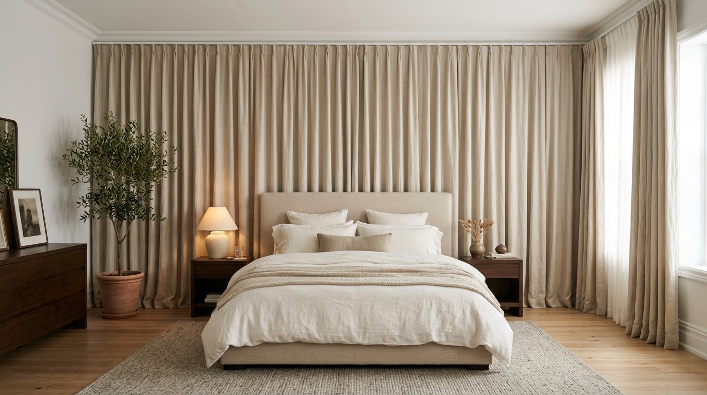 A serene bedroom with a beige upholstered bed, linen bedding, and full-wall curtains behind the headboard.