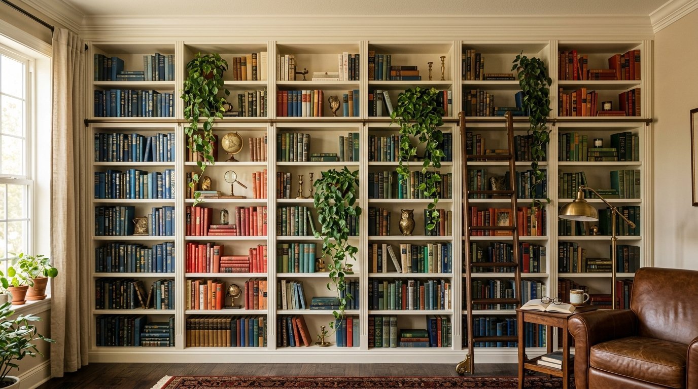 Large built-in bookshelves filled with books, decorative globes, and hanging plants next to a leather armchair.